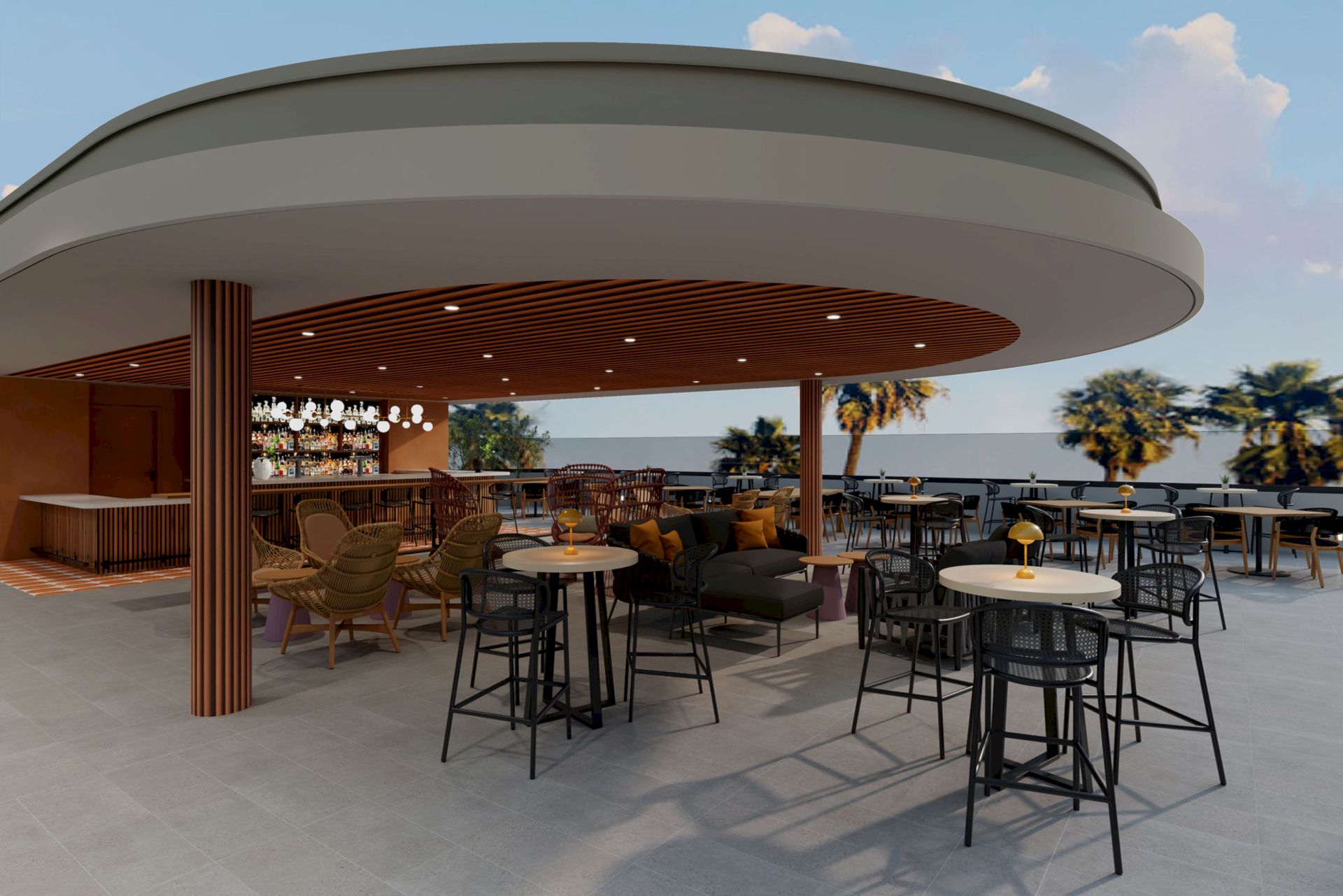 A modern outdoor rooftop bar with a lounge seating area, tables, stools, and a lit back counter under a curved canopy.