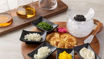 A green tea-themed dessert: a rectangular lime-green cake with layered sponge, topped with a scoop of green ice cream/ganache and small green meringues on a black plate, dusted with green powder.