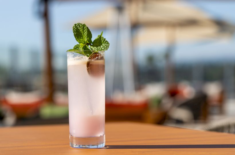 A tall glass of pink cocktail with a mint garnish and a mint leaf, ice, and a lime slice on a sunny outdoor patio backdrop.