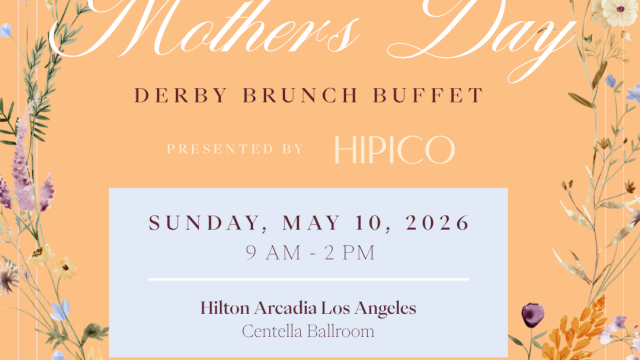 Mother&rsquo;s Day Derby Brunch Buffet ad featuring floral border, pastel peach background, and details about time/location ending with a period.