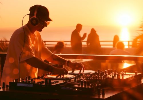 A DJ wearing headphones spins vinyl on a deck at sunset, with silhouettes of people by the railing and a warm orange glow over the scene.
