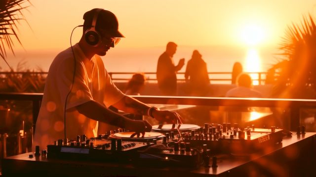 A DJ wearing headphones spins vinyl on a deck at sunset, with silhouettes of people by the railing and a warm orange glow over the scene.